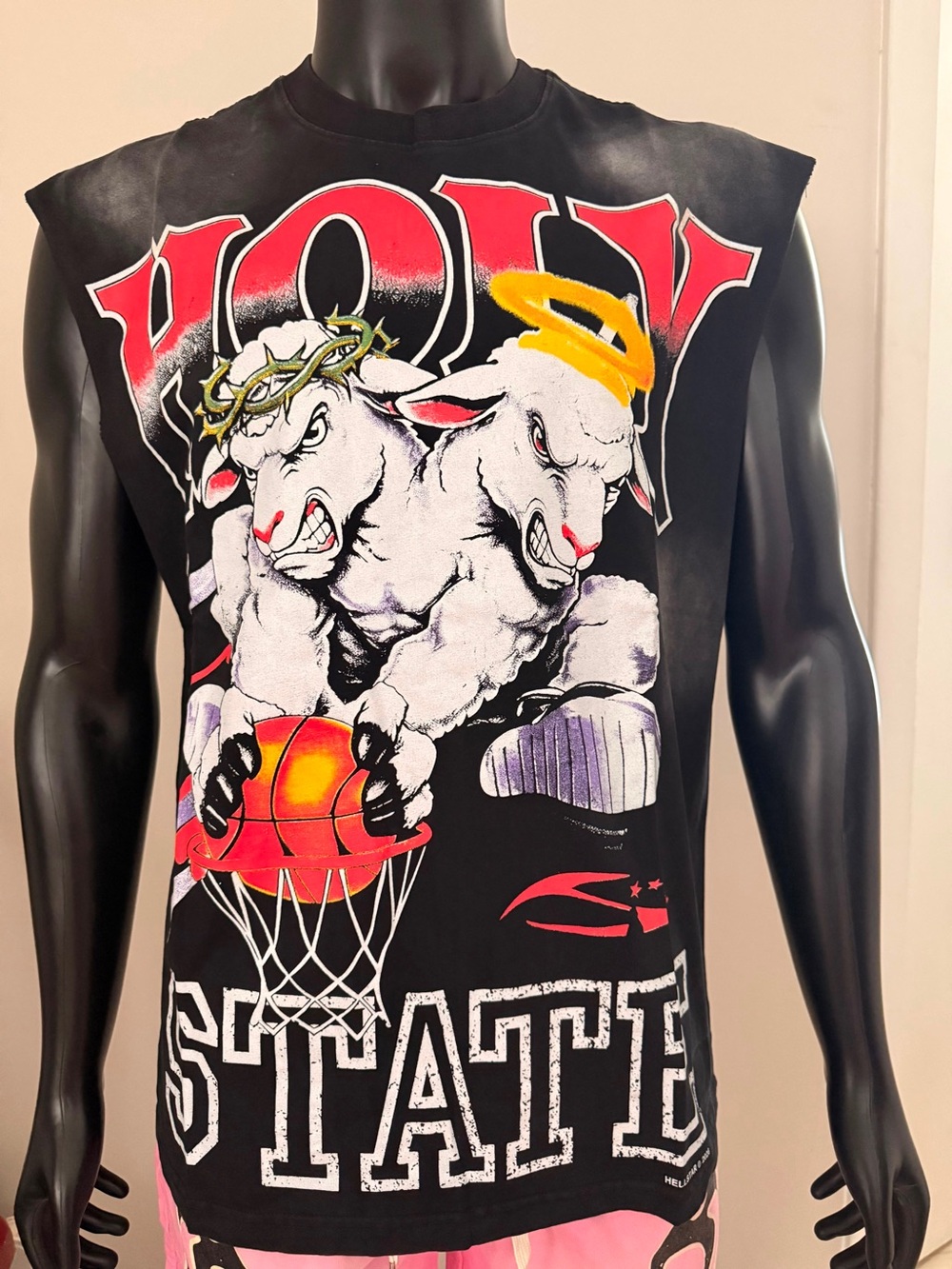 Black Graphic Short Sleeve Tee with Bold Lamb & Basketball Motif